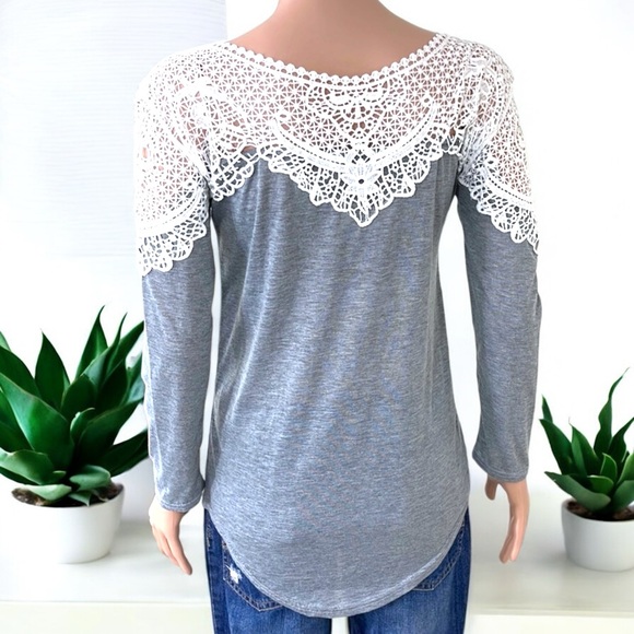 Heather Gray Plain Lace Long Sleeve Crew Neck T-Shirt - Picture 5 of 16